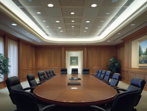Spacious boardroom in a corporate office setting for professional meetings and discussions