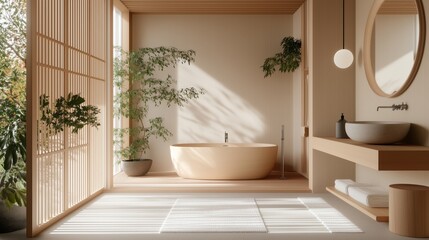 Scandinavian-Japanese fusion bathroom. The minimalistic and organic aspects of Japanese design. The room is very clean and well-lit.