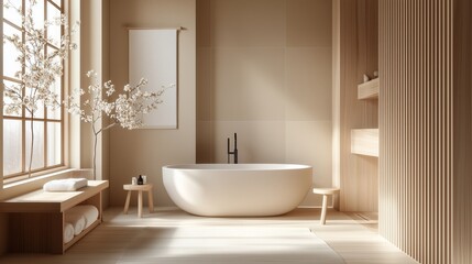 Scandinavian-Japanese fusion bathroom. The minimalistic and organic aspects of Japanese design. The room is very clean and well-lit.