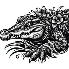 A detailed illustration of a crocodile with intricate patterns showcasing its powerful jaw and scales
