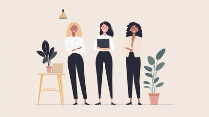 Diverse group of women in the workplace. Flat design artwork style, graphic banner