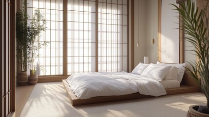 Scandinavian-Japanese fusion bedroom. The minimalistic and organic aspects of Japanese design. The room is very clean and well-lit.