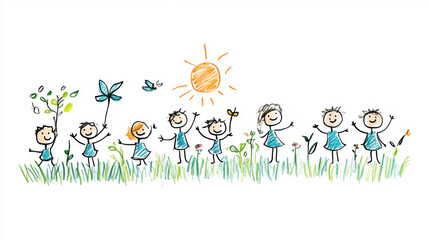 Fototapeta premium A lively illustration of stick figure children joyfully playing in nature under a bright sun, surrounded by flowers and greenery.