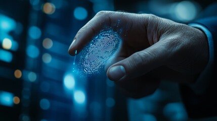 Businessman utilizing fingerprint scanning for secure access to data network and cyber protection