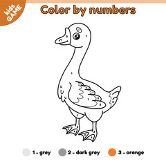Kids game Color by numbers with cartoon farm goose. Page of the coloring book. Educational activity book for preschool and kindergarten children. Outline vector illustration of the cute farm bird.