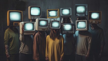 Exploring disinformation  people with retro tv heads representing media influence and fake news