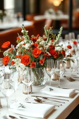 Elegant floral arrangements create a beautiful dining table setting for a spring celebration