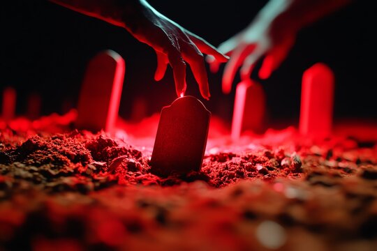 Gravestones drenched in blood-red light, with ghostly hands emerging from the ground, reaching for the sky