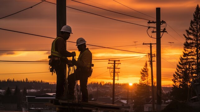 Tireless service: men working on electricity pole, experienced workers addressing breakdown in the electricity supply, ensuring restoration of power, labour day with dedication and expertise