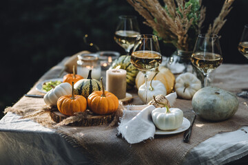 Cozy fall table decoration for Thanksgiving family dinner or romantic autumn wedding outdoors with small pumpkins, candles. White wine. Countryside style, cottage core, beautiful elegant setting