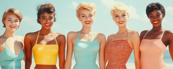 1960s beach party with washed-out colors and vintage swimsuits, youthful fun, retro summer