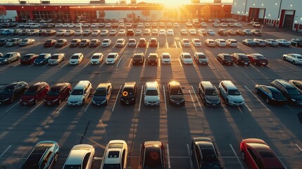 Aerial view of a large industrial parking lot filled with neatly arranged cars at sunset. Sunlight casts long shadows of the vehicles, creating a serene and organized scene. No people visible.