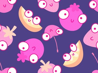 Summer cartoon line art berries seamless strawberry fruit pattern