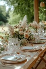 Elegant dining table adorned with floral arrangements for a special occasion in soft lighting