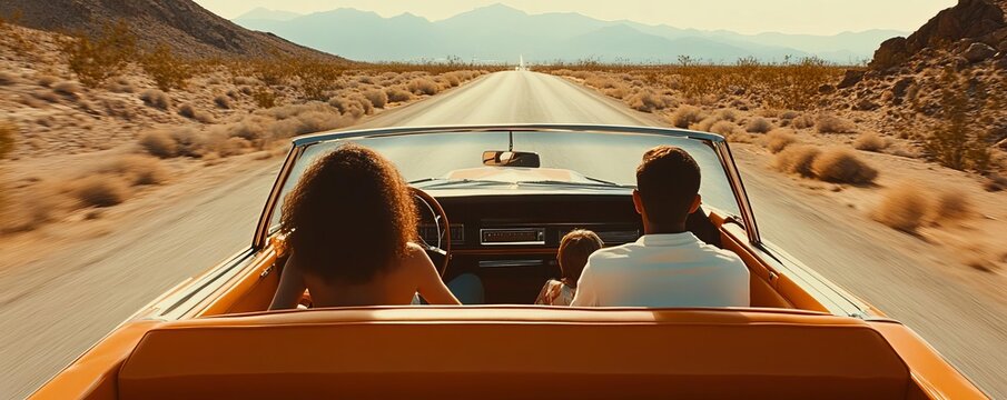 1970s family road trip with film grain and warm tones, nostalgic journey, retro travel
