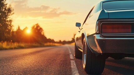 1970s road trip with a classic car and warm tones, nostalgic journey, retro adventure