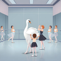 Naklejka premium Ballet class with dancers and a swan in a modern studio setting