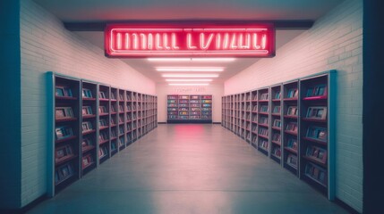 1980s video rental store with neon signs and grainy film, nostalgic vibes, retro technology