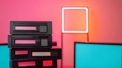 1980s video rental store with VHS tapes and neon signs, nostalgic vibes, retro technology
