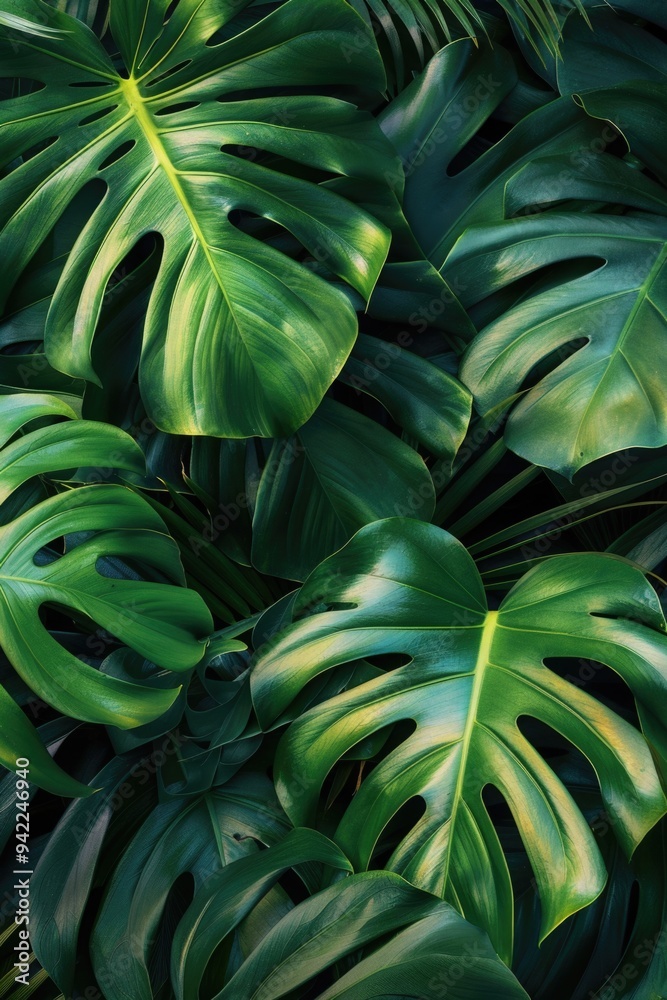 Poster a detailed view of a collection of green leaves, suitable for use in nature or botanical themed proj