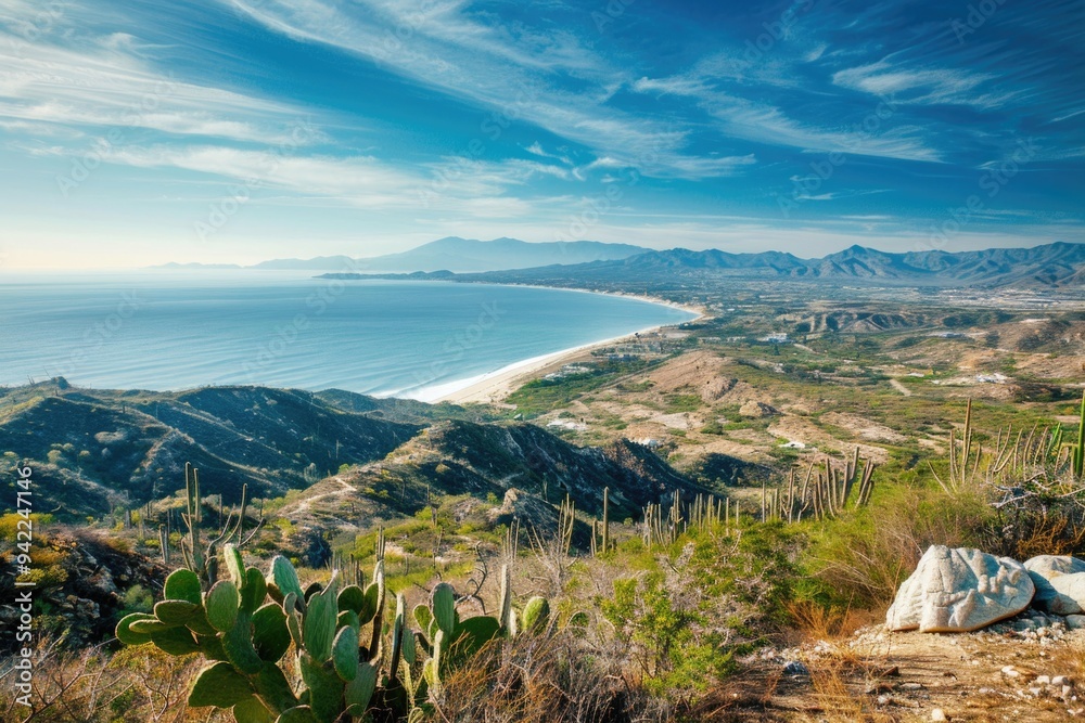 Poster a scenic view of the ocean from a hilltop