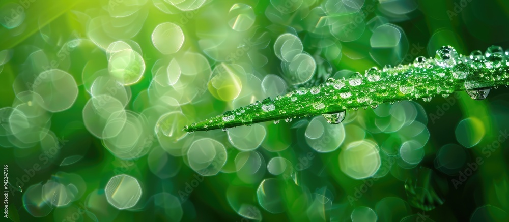 Sticker water droplets on green blade of grass macro