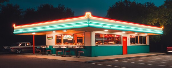 Retro film aesthetic of a 1950s drive-in restaurant at night, neon lights, nostalgic dining