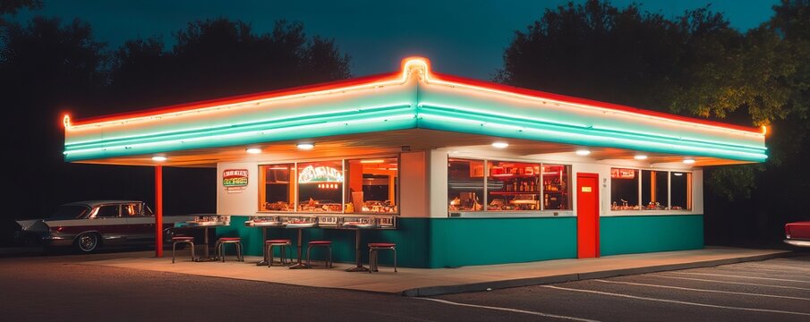 Retro film aesthetic of a 1950s drive-in restaurant at night, neon lights, nostalgic dining