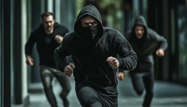 Daring heist  a thief in black hoodie and mask escapes with gang after bank robbery