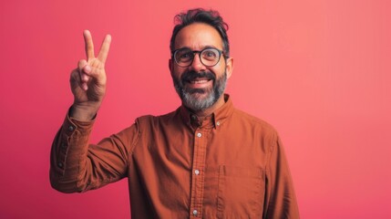 Obraz premium A man with glasses and a beard holding up his hands in a peaceful gesture