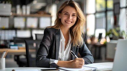 Professional Woman Smiling Office Environment Writing Notebook Laptop. AI Generated