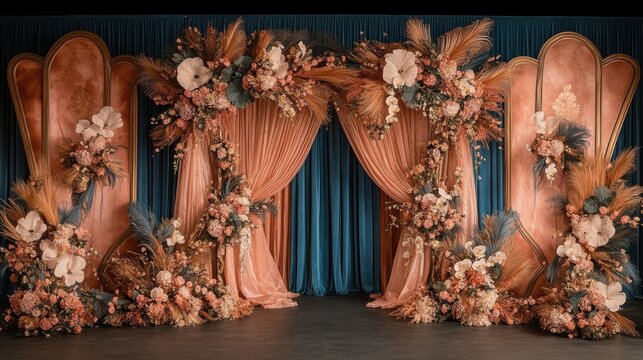 Beautiful Peach and Blue Floral Wedding Backdrop with Elegant Drapery and Abundant Flower Arrangements for Special Events