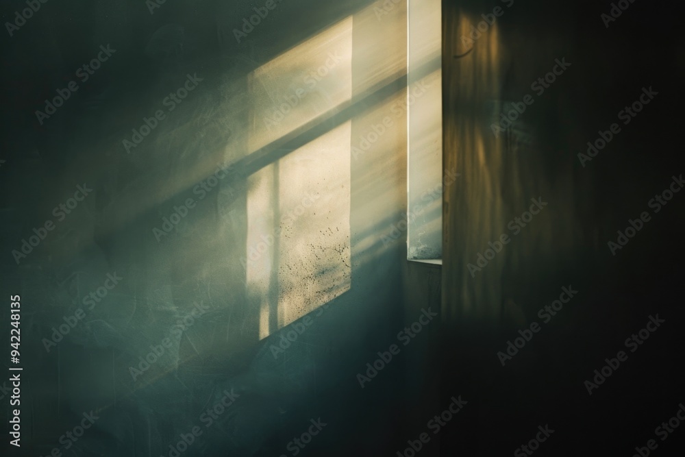 Aufkleber A beam of light shines through a window in a dark room, creating a warm glow