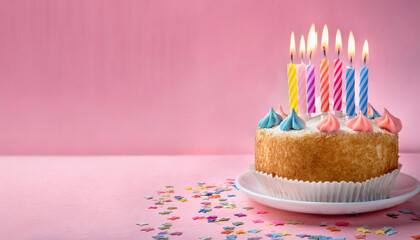 empty table  with Birthday Cake with Candles isolated on pink background
