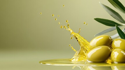 Olive oil splash with green olives and leaves on a light olive green background with copy space 