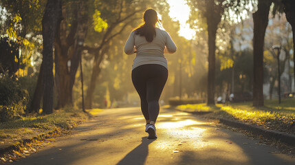 Mujer gorda, obesa corriendo en un sendero por un hermoso paisaje natural, ejercitándose 