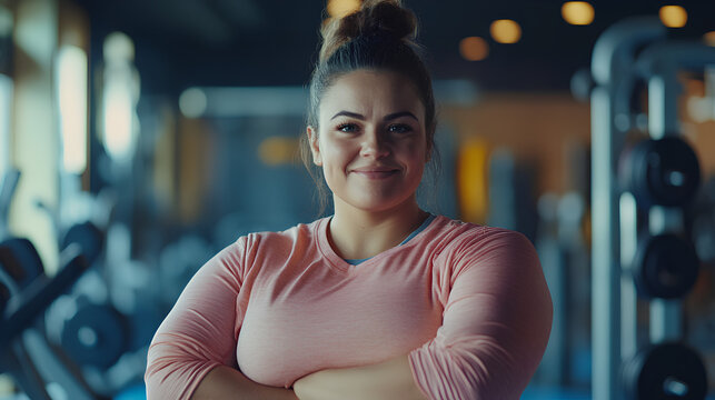 Mujer gorda, obesa corriendo en una cinta de correr en un gimnasio moderno. Su rostro est&aacute; sonrojado y sudoroso, mostrando esfuerzo y determinaci&oacute;n en un entorno oscuro y realista.