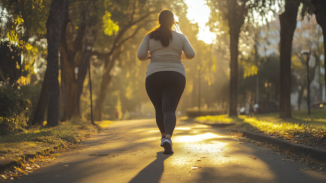 Mujer gorda, obesa corriendo en un sendero por un hermoso paisaje natural, ejercit&aacute;ndose 