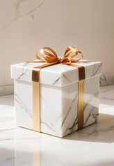 Marble-textured gift box on a luxurious environment with golden details