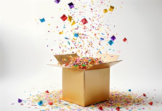 Surprise present box exploding with confetti