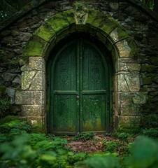 A photograph of an old, moss-covered stone archway with green...