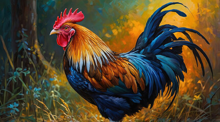 Fototapeta premium a vibrantly feathered rooster, its vibrant crow echoing in the early morning light. The cock's plumage is illuminated by the dawn sun