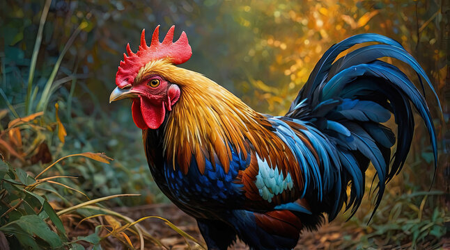 a vibrantly feathered rooster, its vibrant crow echoing in the early morning light. The cock's plumage is illuminated by the dawn sun