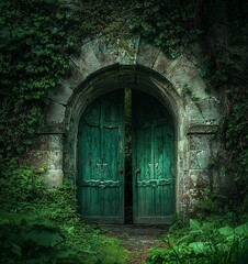 A photograph of an old stone archway leading to the forest, with...