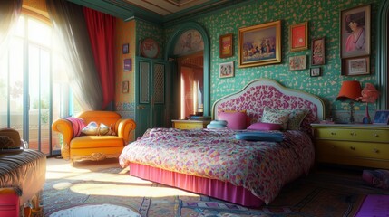 Retro bedroom interior. The room is decorated with colorful furniture and has a cozy.