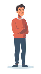 Obraz premium A man in a red sweater and blue jeans is standing with his arms crossed. He has a smile on his face