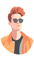 Fototapeta premium A man with a red head and sunglasses is wearing an orange jacket. He is standing in front of a white background