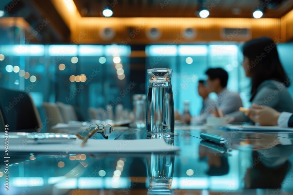 Poster a group of people gathered around a table with glasses of water, a moment of refreshment and sociali