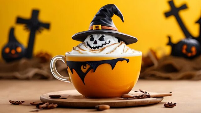 A cup with a witch's hat on top of it is sitting on a table with a Halloween the