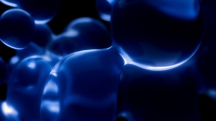 Lava lamp neon blue satisfying metaball bubbles floating as full screen background. Macro close up depth of field concept 3D illustration backplate of elegant abstract decorative soothing oil balls.